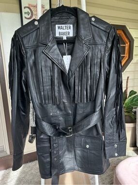 Walter Baker Black Leather Fringe Belted Jacket